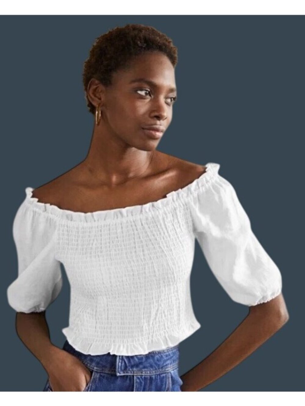 Boden Carrie Smocked Linen Top off the shoulder White Puff Sleeve US 12